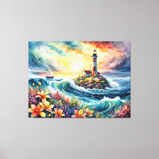 Impressão Em Tela Lighthouse Sailboat Floral Beauty Watercolor (Frente)