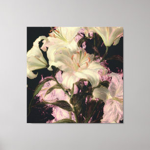 Impressão Em Tela Lilases Brancas em Arte Floral de Fundo Escuro