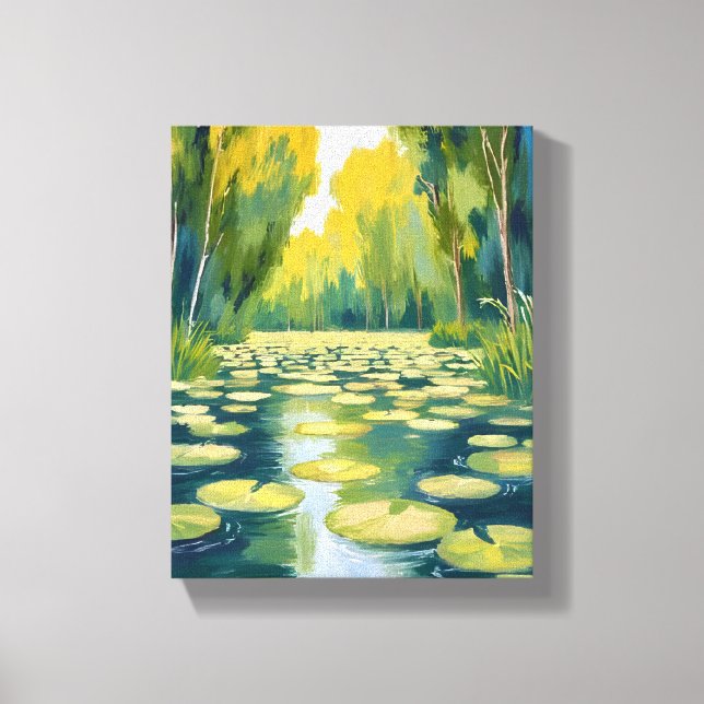 Impressão Em Tela Lily Pad Pond | Green Watercolor Nature (Frente)