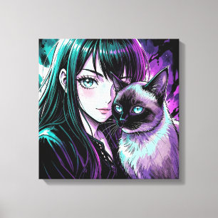 Impressão Em Tela Linda Garota de Anime e Gato Siames