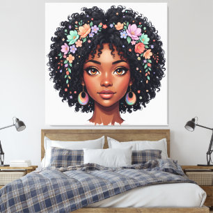 Impressão Em Tela Linda Garota Preta C/ Coroa de Flores Afro