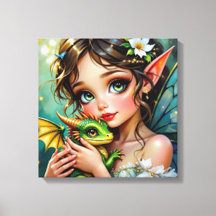 Impressão Em Tela Linda Menina com Tema de Fada e Dragão