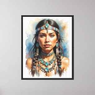 Impressão Em Tela Linda Mulher Boho Nativo Americano com Joia