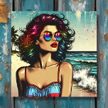Impressão Em Tela Linda mulher na Pop da Beach Comic Book<br><div class="desc">Bonito ai gerou imagem de uma senhora bonito na praia vestindo óculos de sol com um estilo pop de livro desenhado de fundo na praia do oceano.</div>