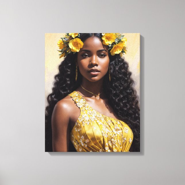Impressão Em Tela Linda Mulher Negra em Retrato Amarelo (Frente)