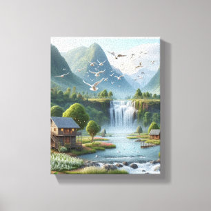 Impressão Em Tela Linda paisagem rural com cascata