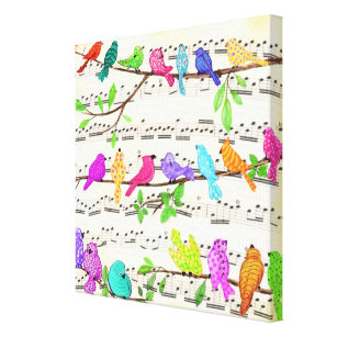 Impressão Em Tela Linda Sinfonia de Aves Musicais Coloridas - Canção