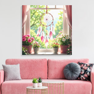 Impressão Em Tela Lindo Dreamcatcher Rosa e Plantas no Parapeito da