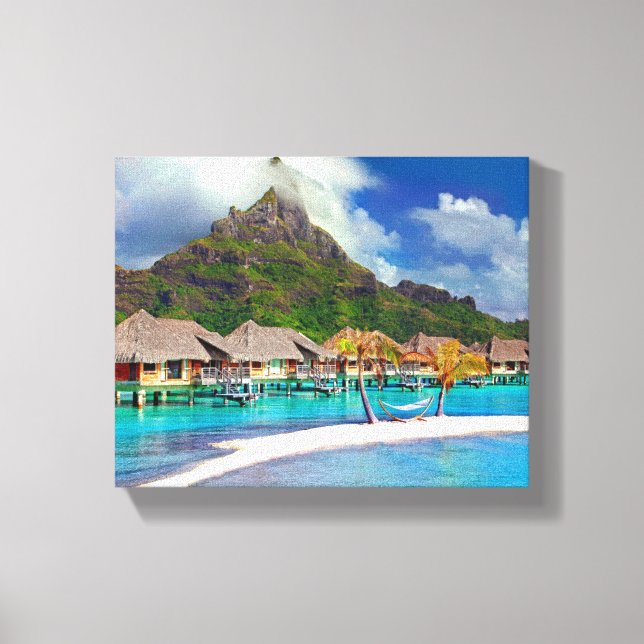 Impressão Em Tela Lindos Huts na Água em Bora Bora (Frente)