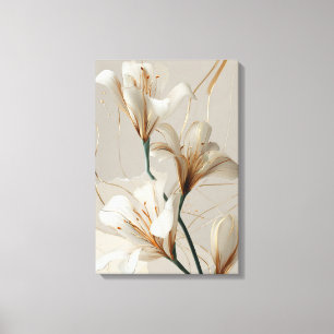 Impressão Em Tela Lírio Branco Dourado Minimalista Elegante Neutro