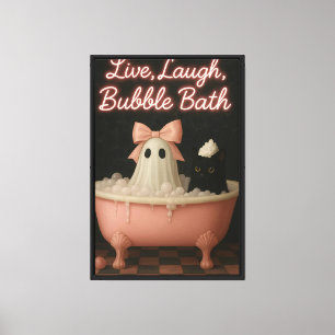 Impressão Em Tela Live, Laugh, Bubble Bath - Gato e Fantasma Bonitos