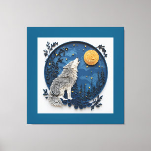 Impressão Em Tela Lobo Cinza Elegante Uivando para a Lua