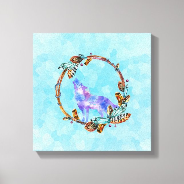 Impressão Em Tela Lobo de Aquarela Roxo com Fio de Boho (Frente)