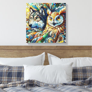 Impressão Em Tela Lobo e Coruja de Azulejo Mosaico