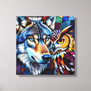 Impressão Em Tela Lobo e Coruja Vibrantes e Coloridos