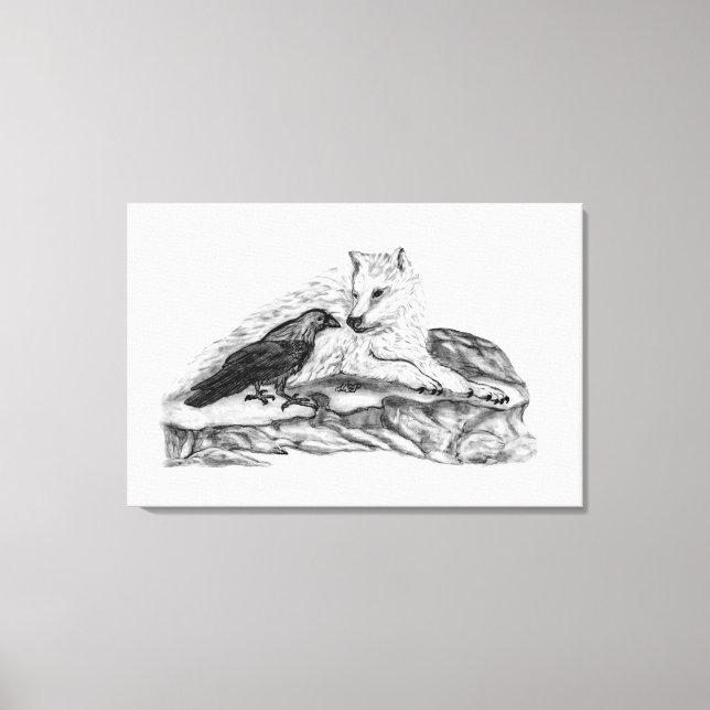 Impressão Em Tela Lobo e Raven - Design preto e branco (Frente)