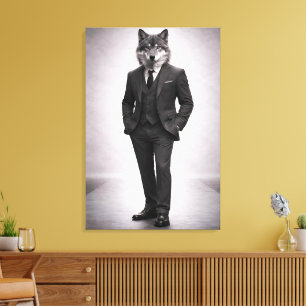 Impressão Em Tela Lobo Elegante em Retrato de Terno Clássico