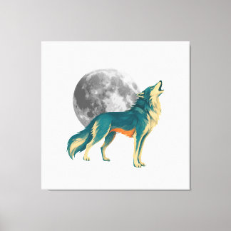 Impressão Em Tela Lobo Uivando com Lua Cheia Arte Colorida em Tela |