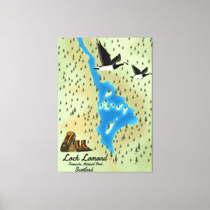 Impressão Em Tela Loch Lomond, Trossachs, mapa de Scotland