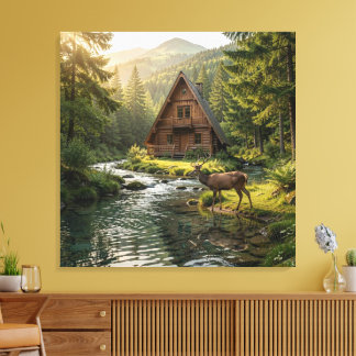 Impressão Em Tela Log Cabin, Stream, Mountains and Deer Nature Art