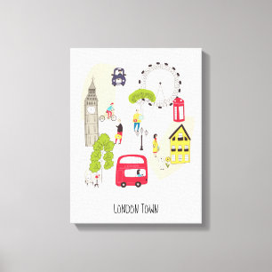 Impressão Em Tela London Artsy Map Cartoon Landmarks People