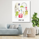 Impressão Em Tela London Artsy Map Cartoon Landmarks People<br><div class="desc">A contemporary stylized cartoon map of London with people characters going about their day to day lives,  landmarks and a red double decker bus,  black taxi cab and red iconic phone box.</div>