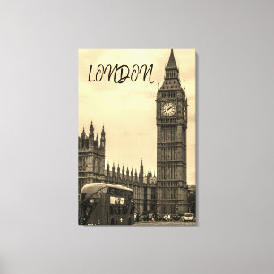 Impressão Em Tela Londres Inglaterra Big Ben Vintage Black White Bus