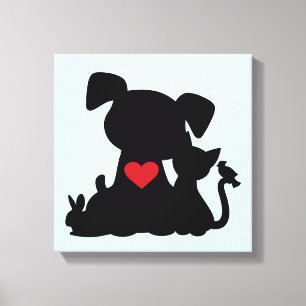 Impressão Em Tela Love Puppy and Kitten Silhouette Blue