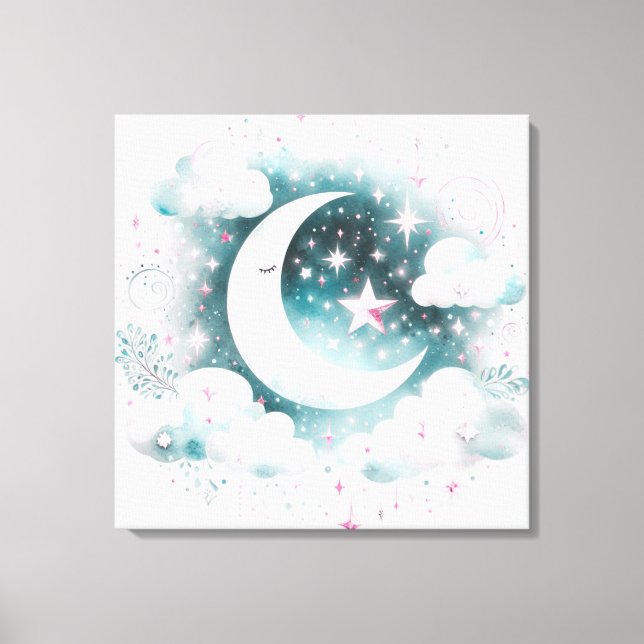 Impressão Em Tela Lua Crescente Azul e Branco Celestial Boho Moderno (Frente)