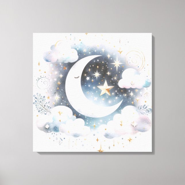 Impressão Em Tela Lua Crescente Azul e Branco Celestial Boho Moderno (Frente)