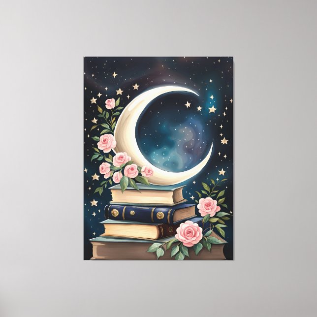 Impressão Em Tela Lua, Estrelas, Rosas e Livros (Frente)