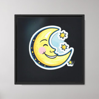 Impressão Em Tela Lua Meia Sorriso Caprichoso e Estrelas Cartoon