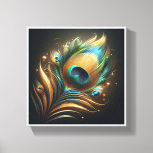 Impressão Em Tela Luxuosa Pena de Pavão Dourada - Elegante Esmeralda