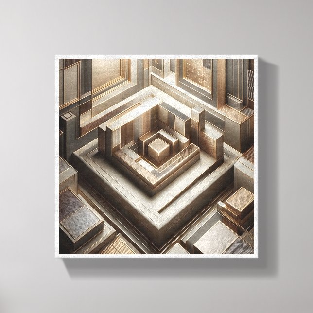 Impressão Em Tela Luxury 3D Geometric Maze - Modern Gold & Grey Arch (Frente)