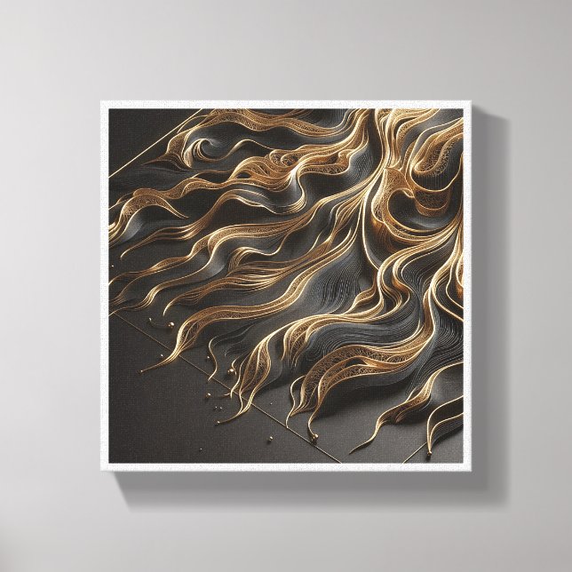 Impressão Em Tela Luxury Black and Gold Filigree Waves - Elegant 3D  (Frente)