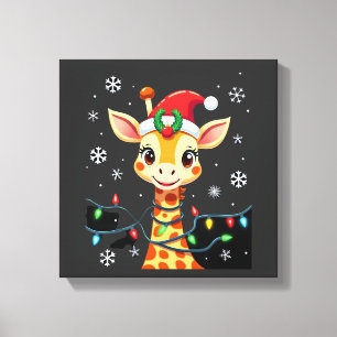 Impressão Em Tela Luzes de Natal de Girafa Fofa Chapéu do Papai Noel