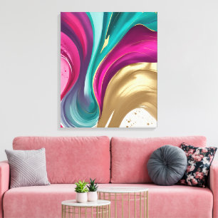 Impressão Em Tela Magenta e Dourada Abstrato de Aquarela