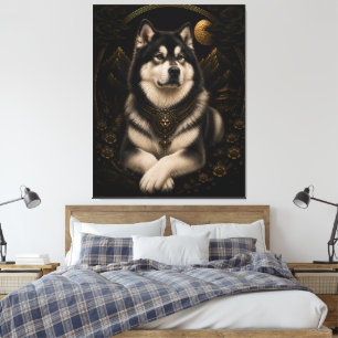Impressão Em Tela Magnífico Husky Luar Dourado Quadro Arte   Luxo B