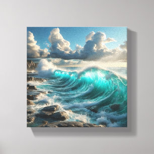 Impressão Em Tela Majesicas Ondas Turquesa do Oceano Desabando Contr