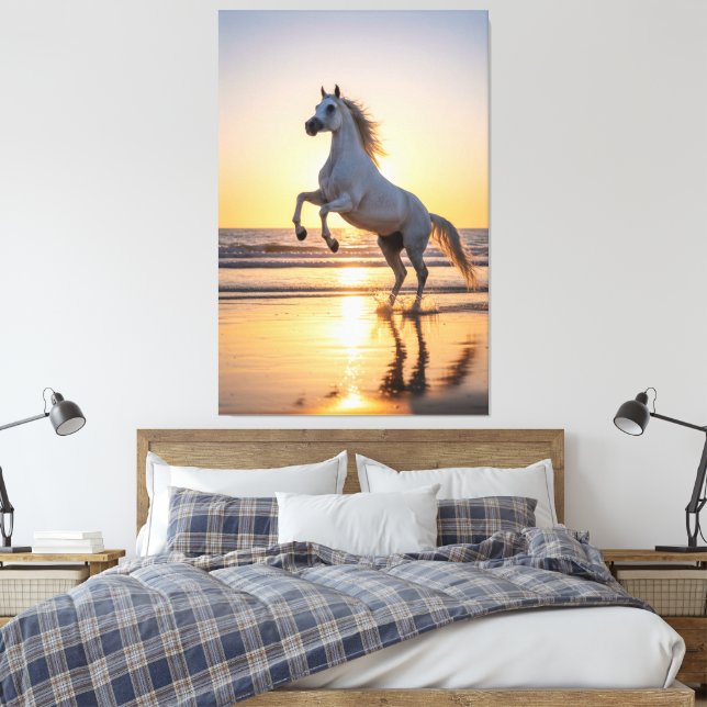 Impressão Em Tela Majestic White Arabian Horse Sunset Beach (Insitu(Quarto))