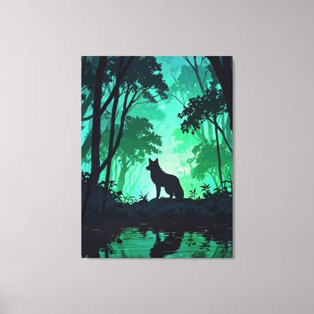 Impressão Em Tela Majestic Wolf Silhouette in Mystical Green Forest  (Frente)