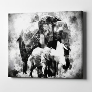 Impressão Em Tela Majestosa Elefanta Africana com Cria P&B