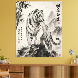 Impressão Em Tela Majestoso Tigre Branco em Pé   Sumi-e Tradicional