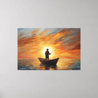 Impressão Em Tela Man fishing inside the boat with a sunset