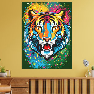 Impressão Em Tela Manchas de tinta cores Arco-íris Cabeça de Tigre
