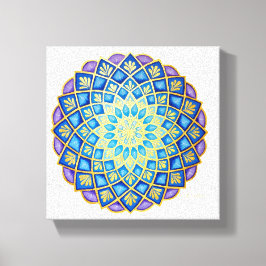 Impressão Em Tela Mandala Azul Roxo Flor Dourada