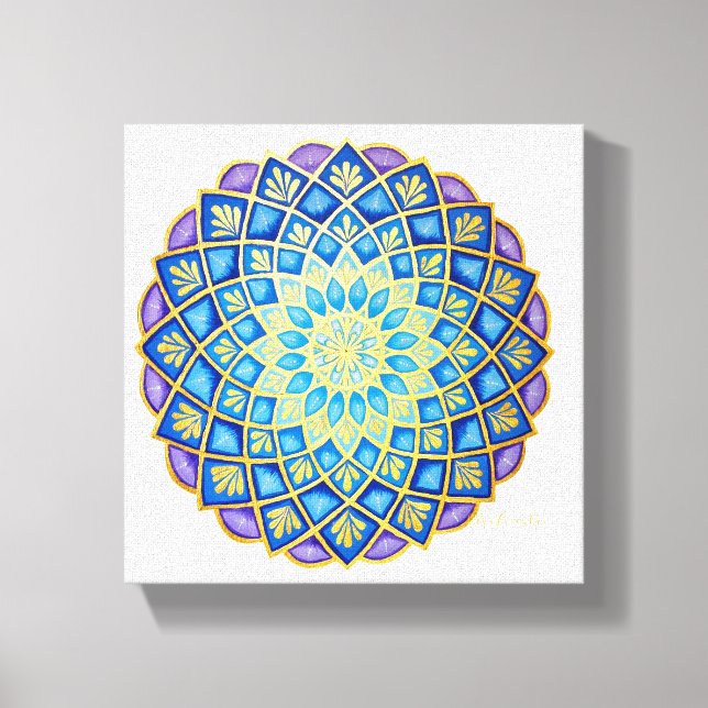 Impressão Em Tela Mandala Azul Roxo Flor Dourada (Frente)