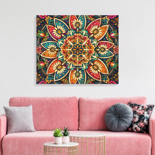IMPRESSÃO EM TELA MANDALA FLORAL ARTE FOLCLÓRICA VIBRANTE