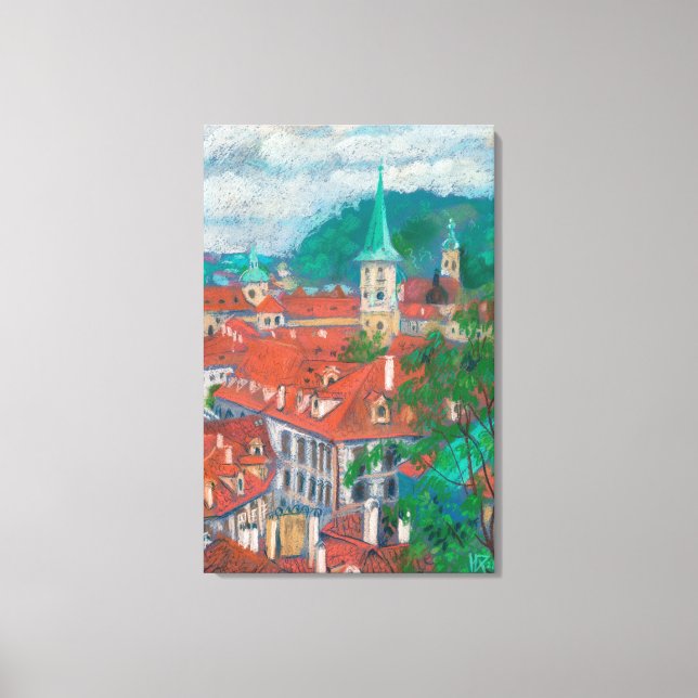Impressão Em Tela Manhã em Praga, Pintura de Pastel na Cidade Checa (Frente)