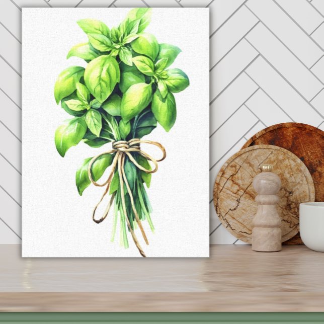 Impressão Em Tela Manjericão Brilhante Aquarela Arte Herbácea Fresca (Printed Canvas for Kitchen Bright Green Bunch of Basil tied with Twine Foodie Chef Art)